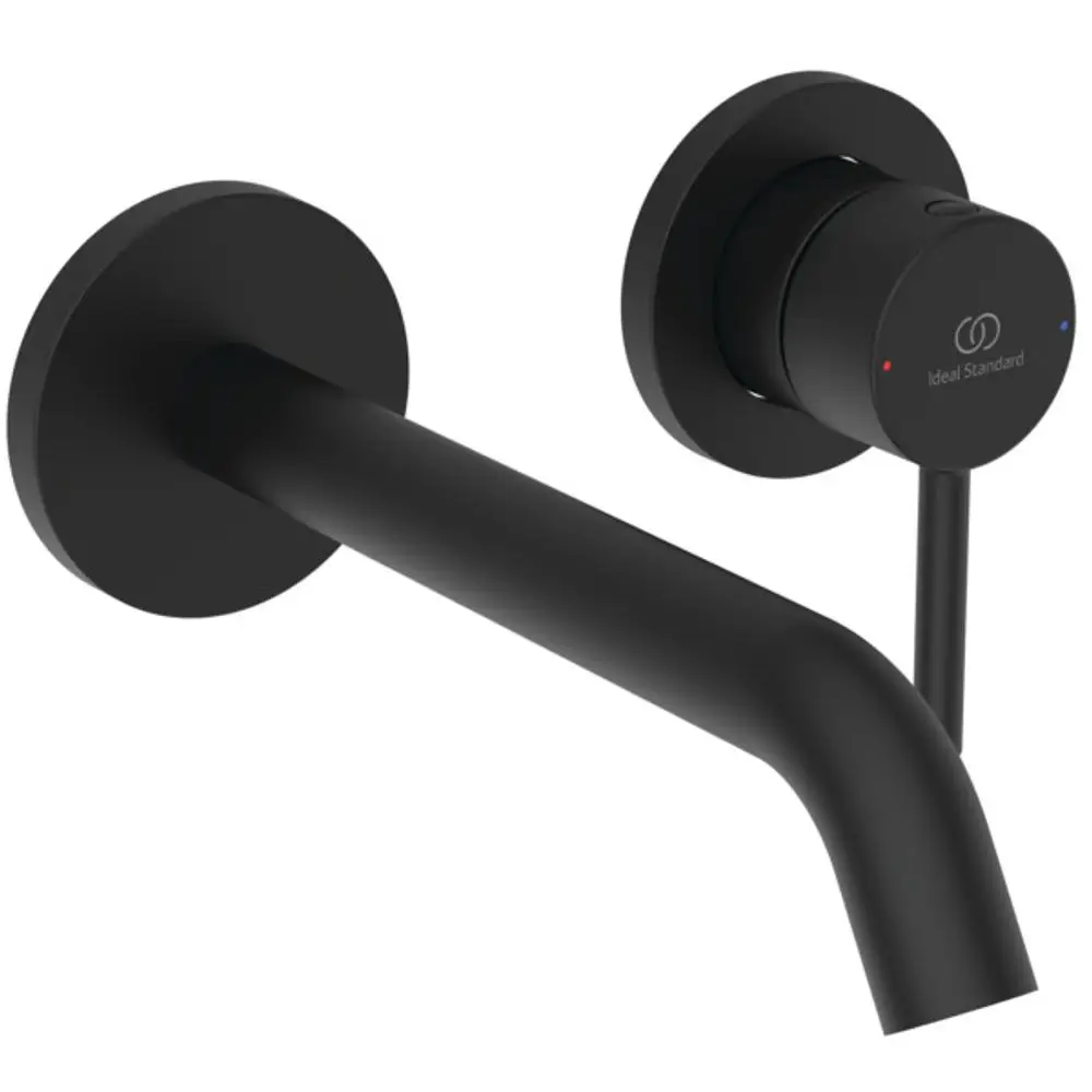 Wandarmatur in Schwarz von Ideal Standard, bestehend aus einem gebogenen Auslauf und einem schlichten Bedienknopf zur Einstellung von Temperatur und Durchfluss.